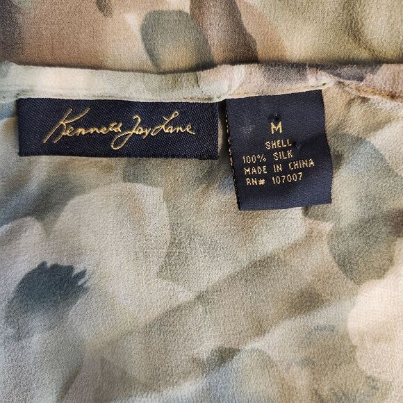 Vintage Kenneth Jay Lane Green Silk Sheer Floral Blouse Sz M - Picture 6 of 9